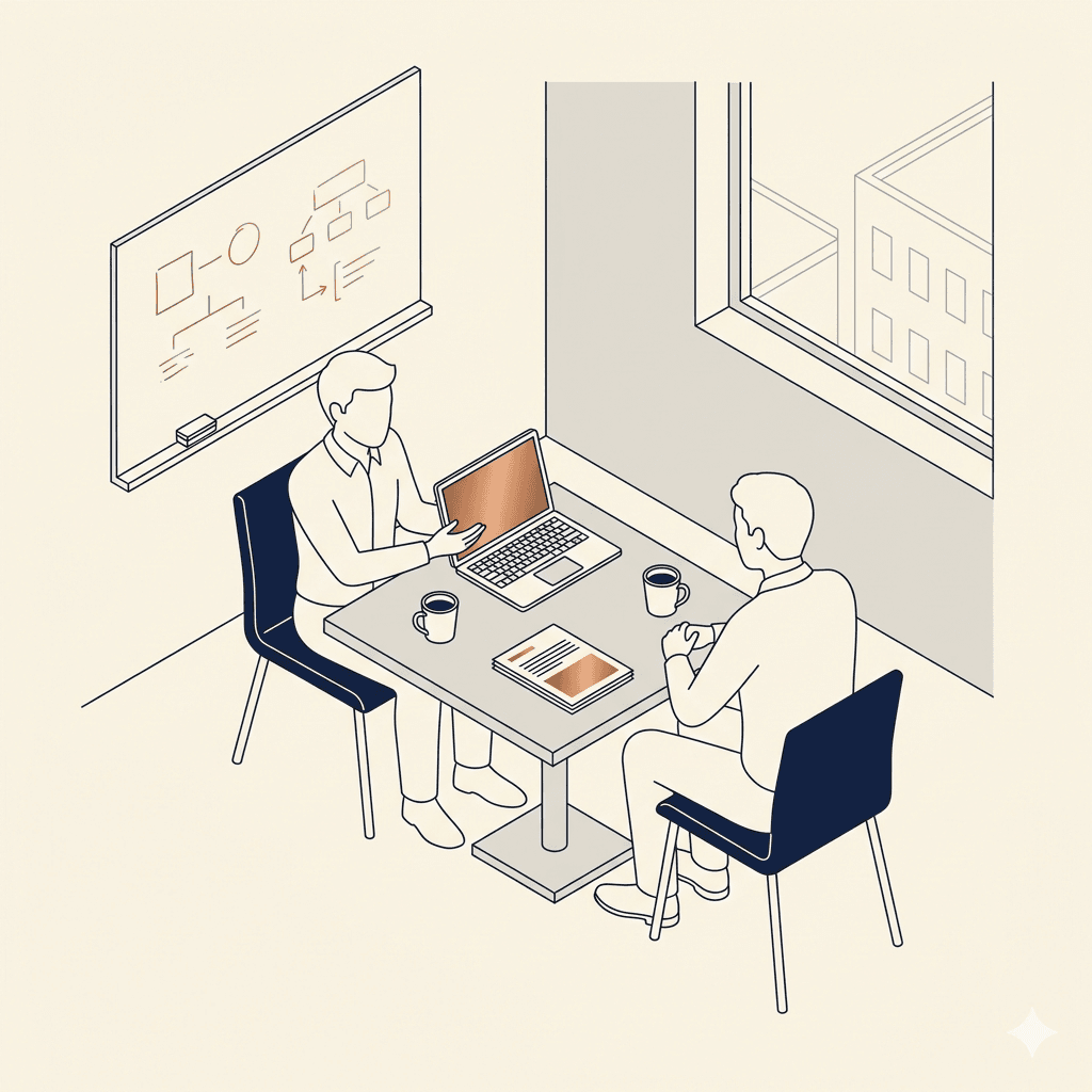 Axonometric illustration of two people at a meeting table reviewing a laptop demo with coffee and a printed report