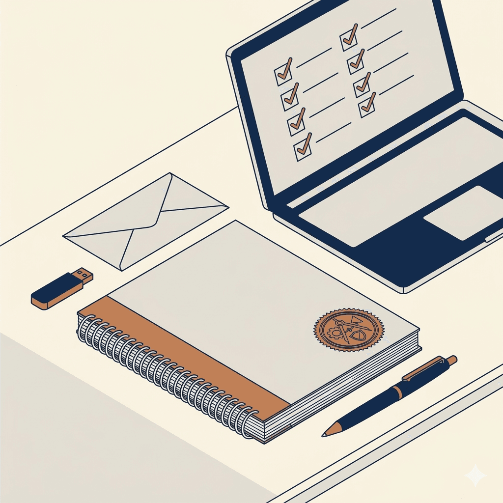Axonometric illustration of a sealed engineering report on a clean desk with a checklist laptop and distribution envelope