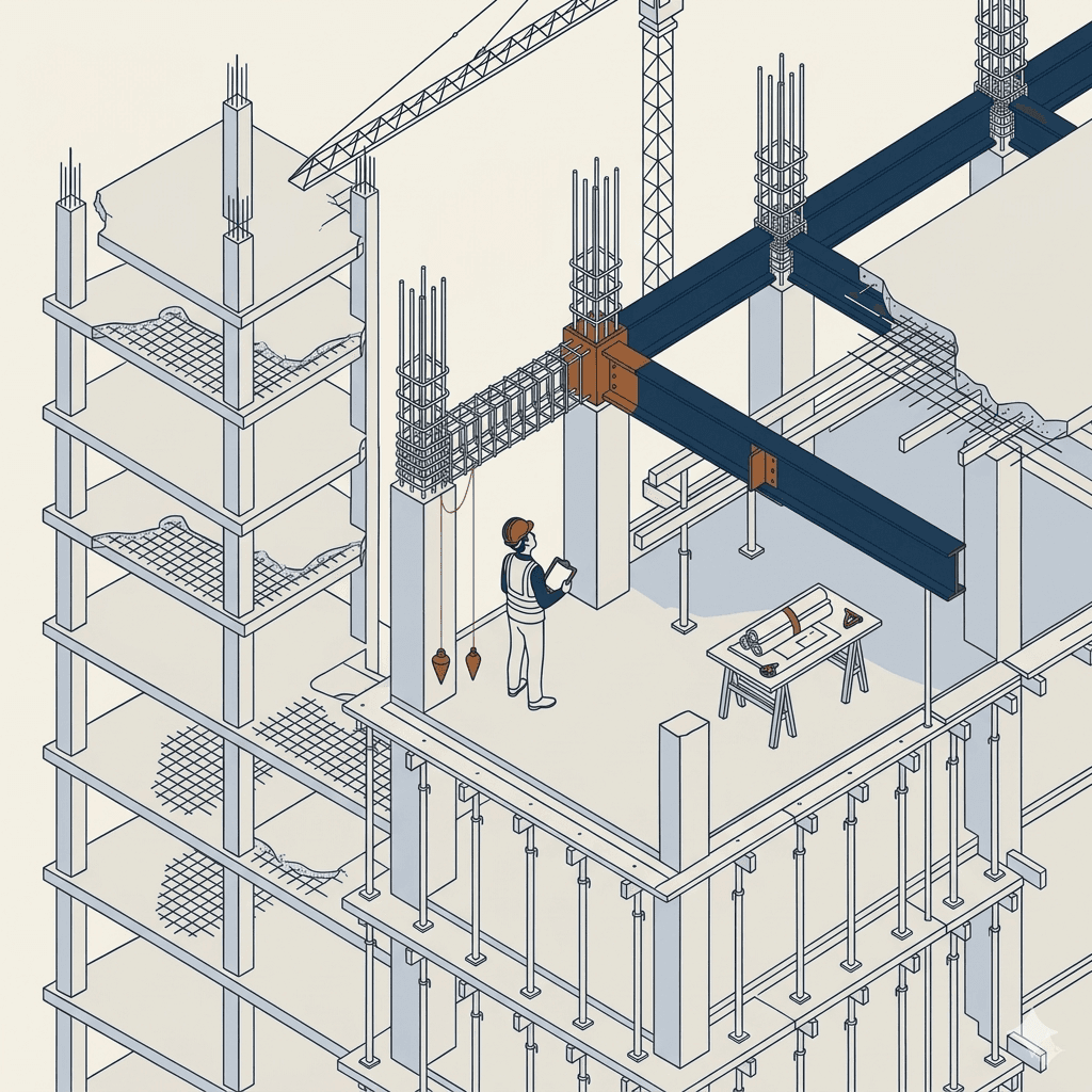Axonometric illustration of an engineer's workshop with a desk, drawings, and review tools
