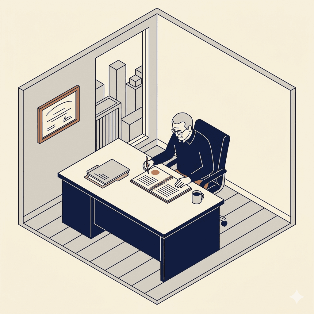 Axonometric illustration of a senior engineer reviewing a sealed report at a desk with a framed professional license on the wall
