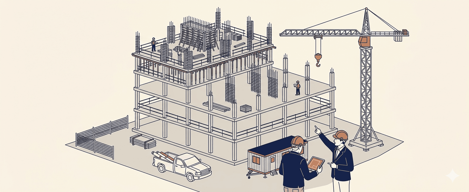 Axonometric illustration of a multi-story concrete building under construction with engineers reviewing the site