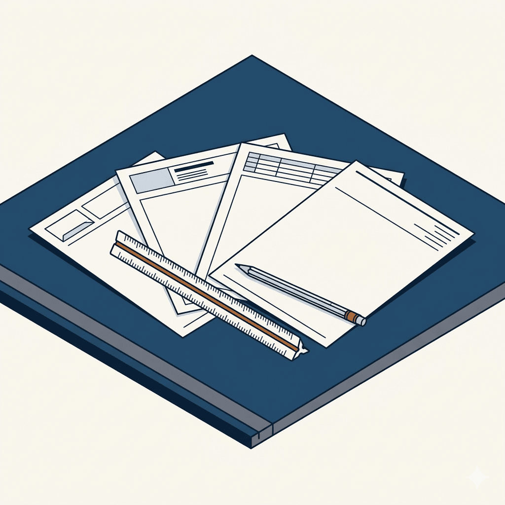 Axonometric illustration of a drafting table with four blank engineering report templates fanned out, a triangular engineering scale ruler, and a pencil laid across them